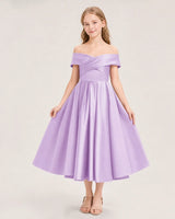 Lilac Satin Off-The-Shoulder A-Line Girls Formal Dresses Front View