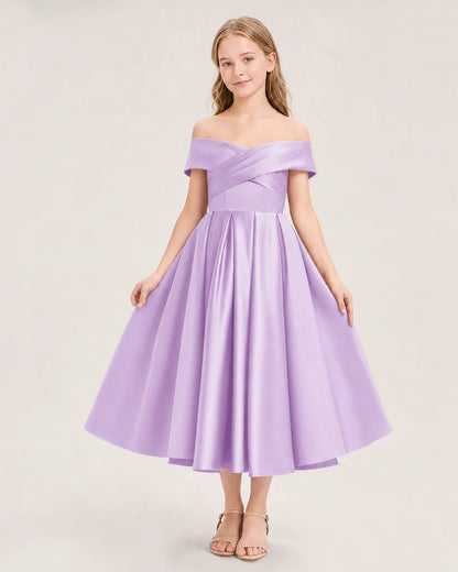 Dideyttawl Off the Shoulder Satin Girl Formal Dress with Lace-Up