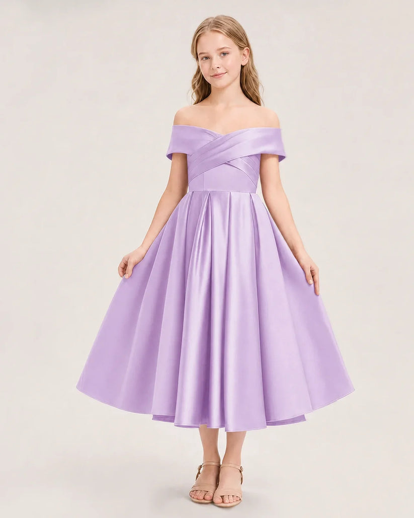 Lilac Satin Off-The-Shoulder A-Line Girls Formal Dresses Front View
