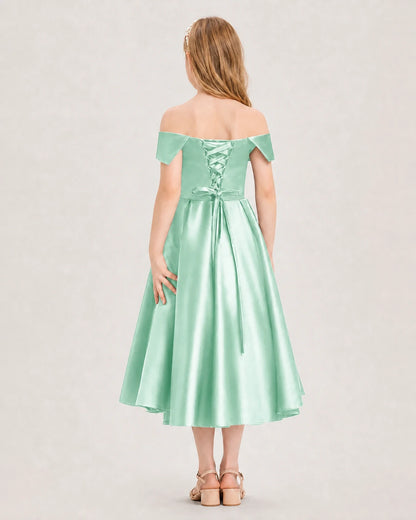 Dideyttawl Off the Shoulder Satin Girl Formal Dress with Lace-Up