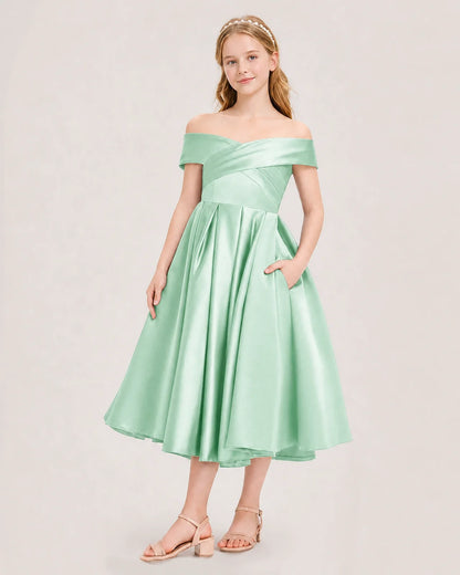 Dideyttawl Off the Shoulder Satin Girl Formal Dress with Lace-Up
