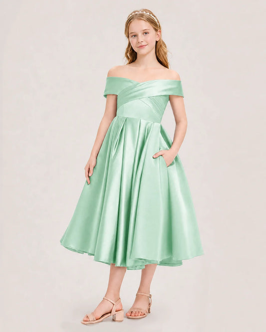 Mint Green Satin Off Shoulder Pleated Girls Formal Dresses Front View