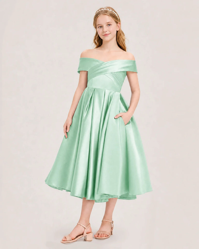 Mint Green Satin Off Shoulder Pleated Girls Formal Dresses Front View