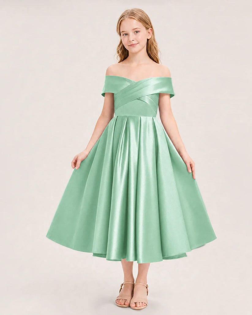 Mint Green Satin Off-the-Shoulder Girls Formal Dresses