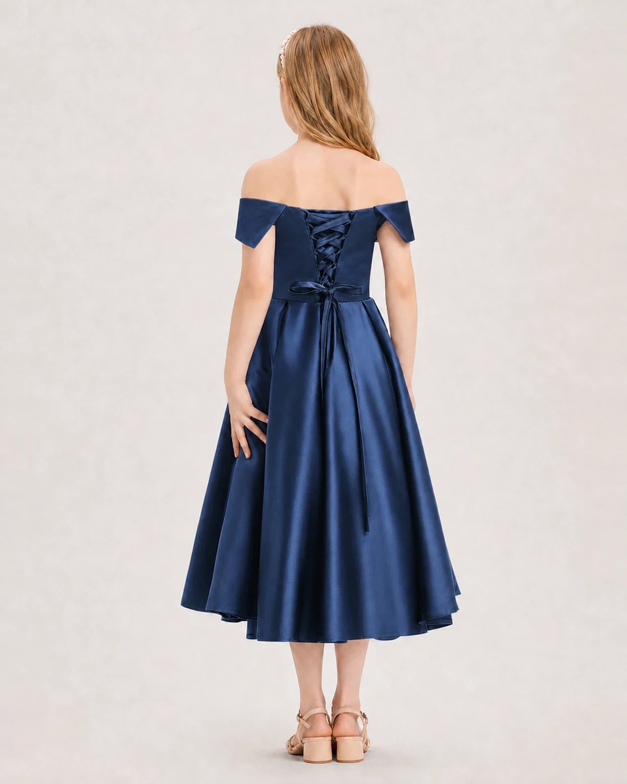 Dideyttawl Off the Shoulder Satin Girl Formal Dress with Lace-Up