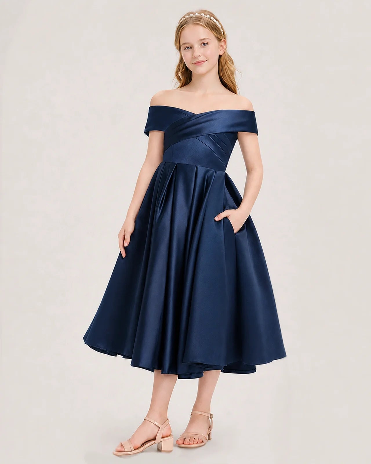 Dideyttawl Off the Shoulder Satin Girl Formal Dress with Lace-Up