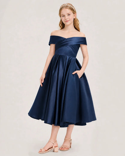 Dideyttawl Off the Shoulder Satin Girl Formal Dress with Lace-Up