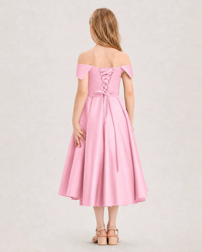 Dideyttawl Off the Shoulder Satin Girl Formal Dress with Lace-Up