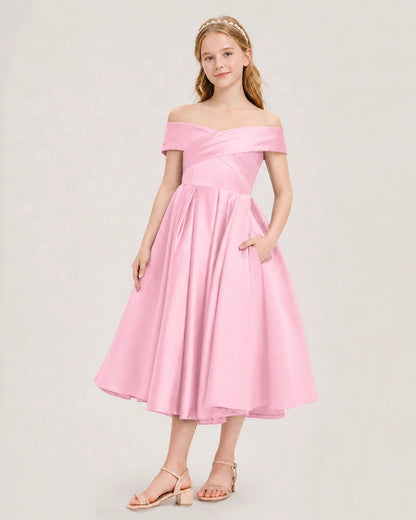 Dideyttawl Off the Shoulder Satin Girl Formal Dress with Lace-Up