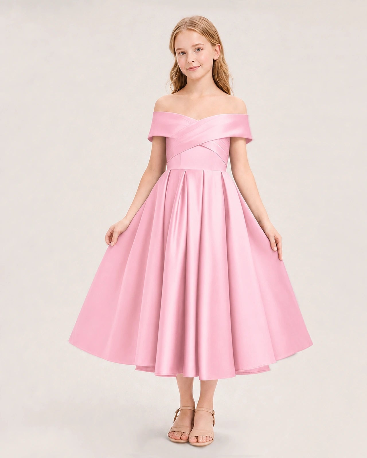 Dideyttawl Off the Shoulder Satin Girl Formal Dress with Lace-Up