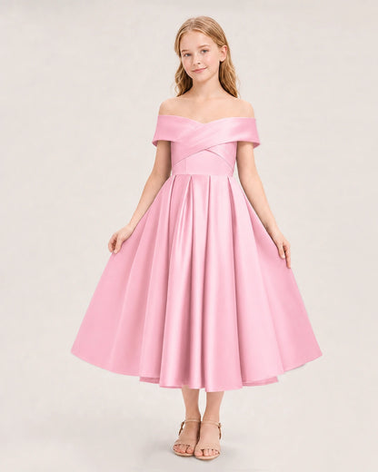 Dideyttawl Off the Shoulder Satin Girl Formal Dress with Lace-Up