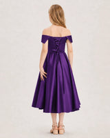 Purple Satin Off-Shoulder A-Line Girls Formal Dresses Back View