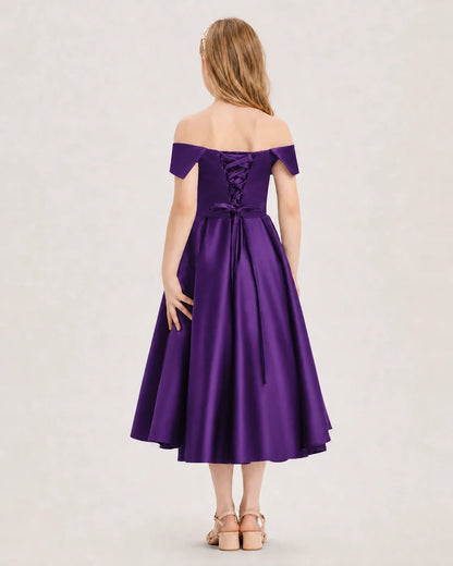 Dideyttawl Off the Shoulder Satin Girl Formal Dress with Lace-Up