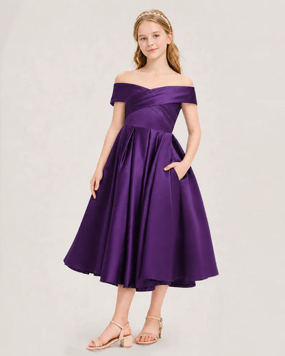Dideyttawl Off the Shoulder Satin Girl Formal Dress with Lace-Up
