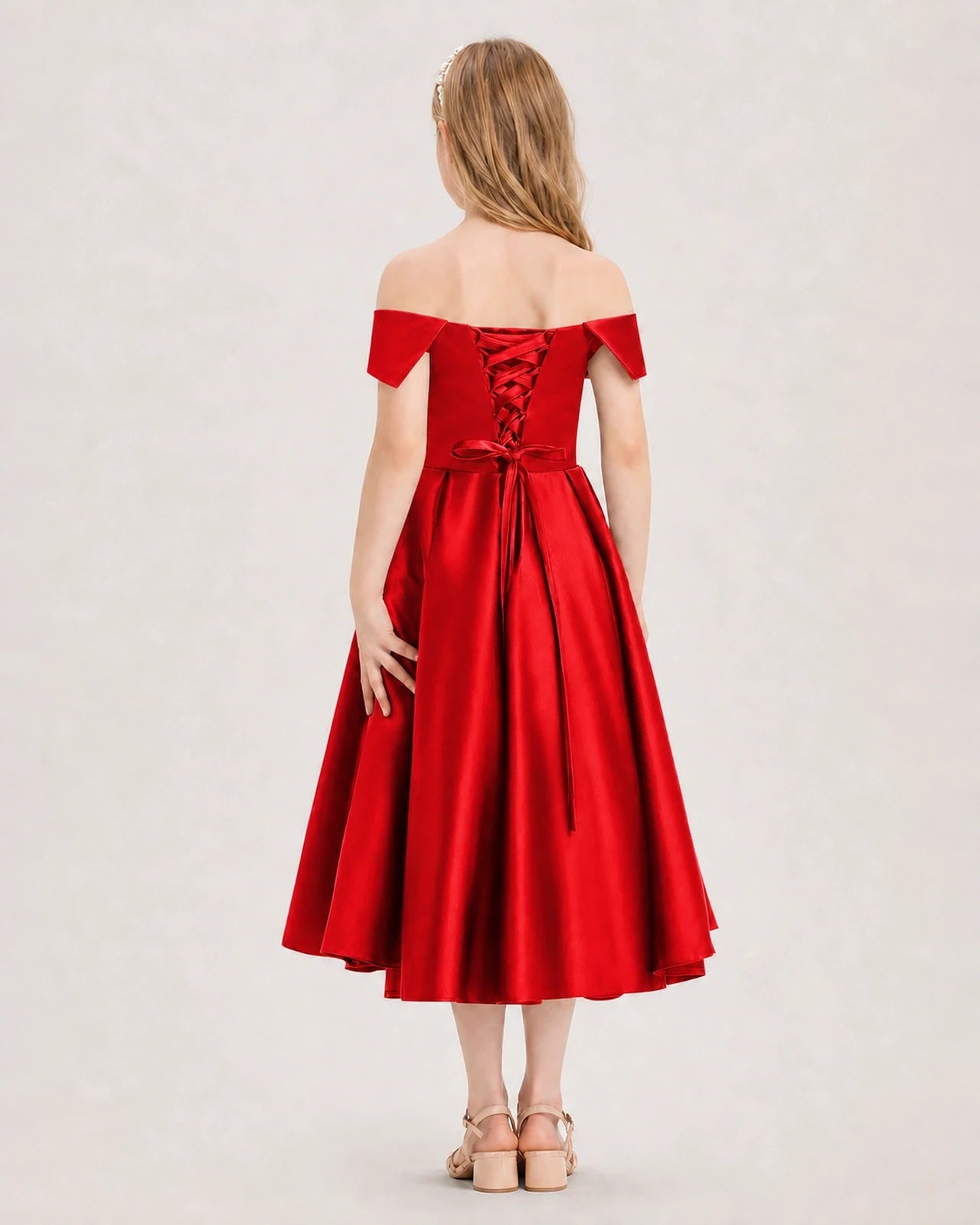 Dideyttawl Off the Shoulder Satin Girl Formal Dress with Lace-Up