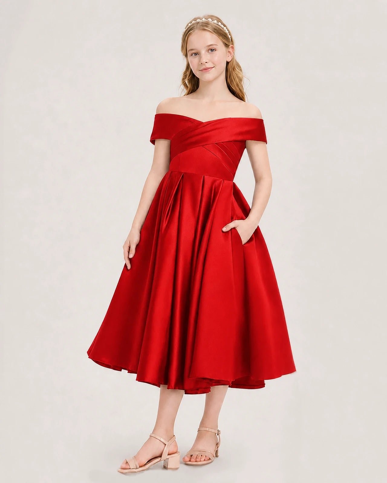 Dideyttawl Off the Shoulder Satin Girl Formal Dress with Lace-Up
