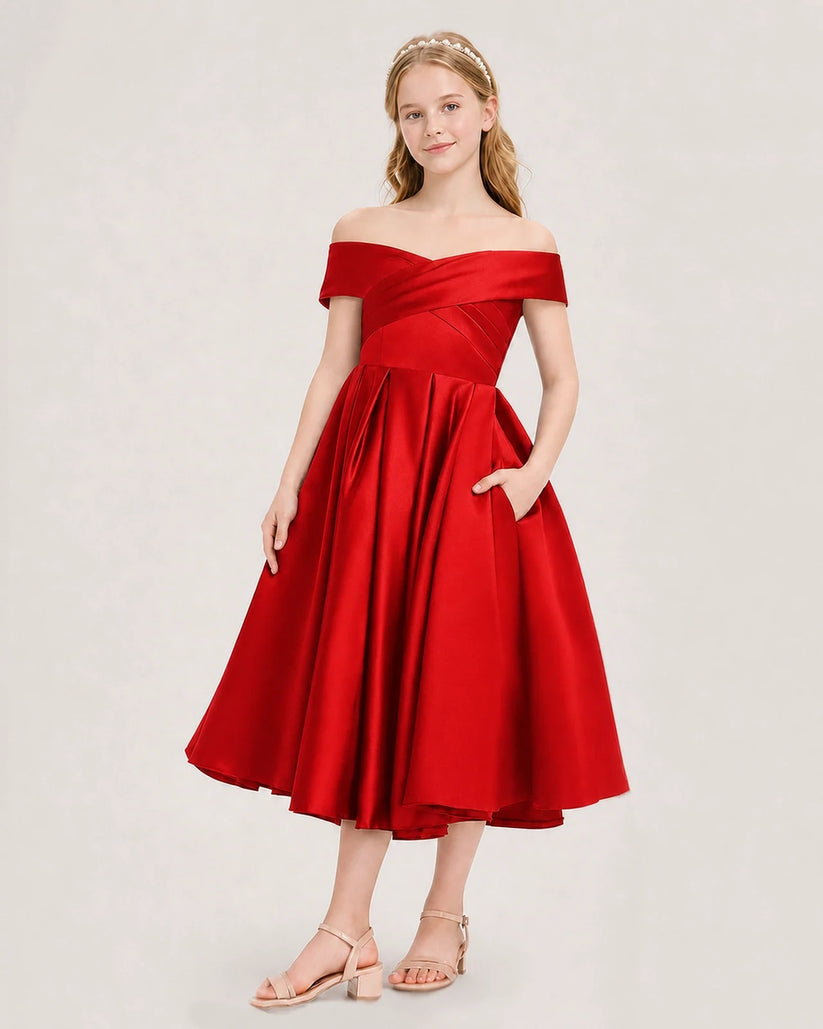 Red Satin Off-the-shoulder A-line Girls Formal Dresses Front View