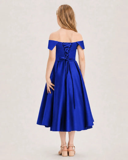 Dideyttawl Off the Shoulder Satin Girl Formal Dress with Lace-Up