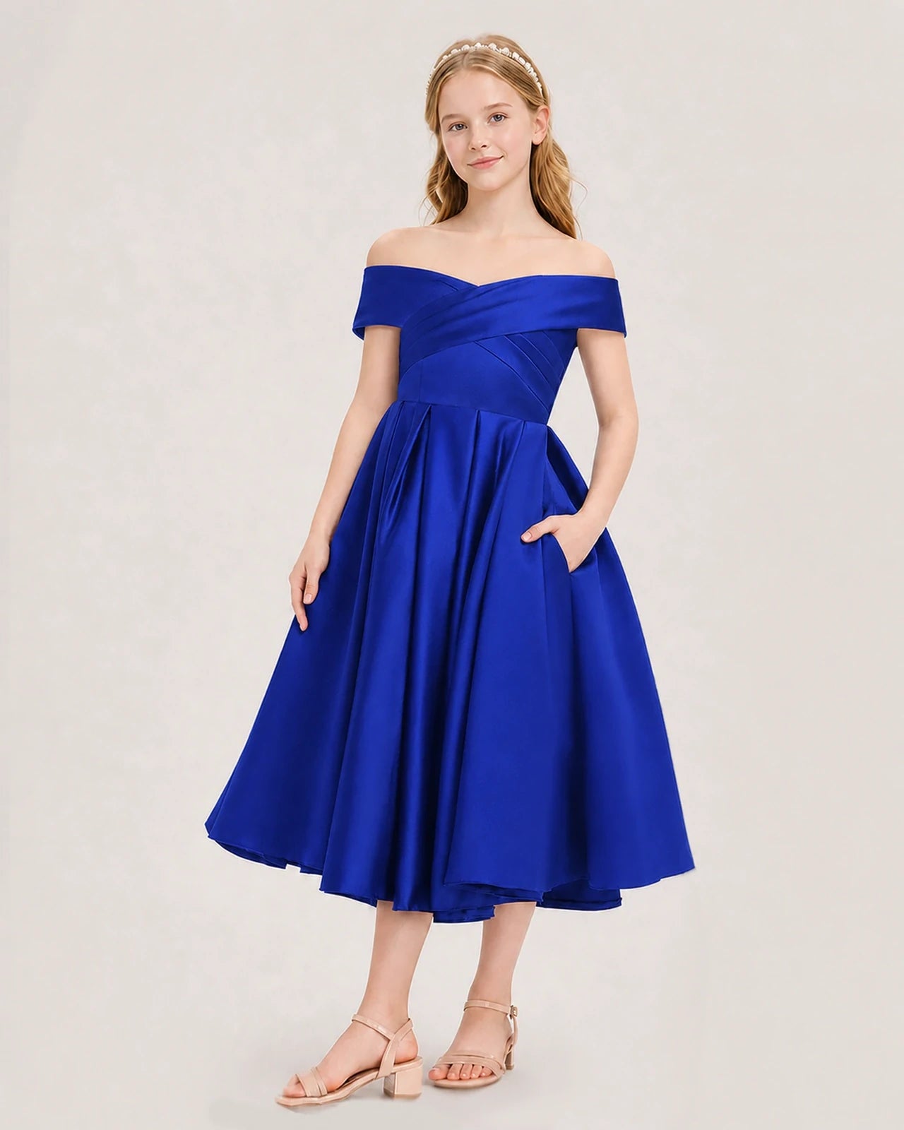 Dideyttawl Off the Shoulder Satin Girl Formal Dress with Lace-Up