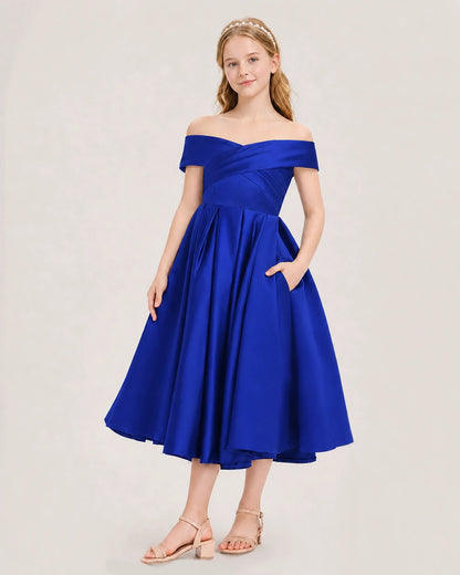 Dideyttawl Off the Shoulder Satin Girl Formal Dress with Lace-Up