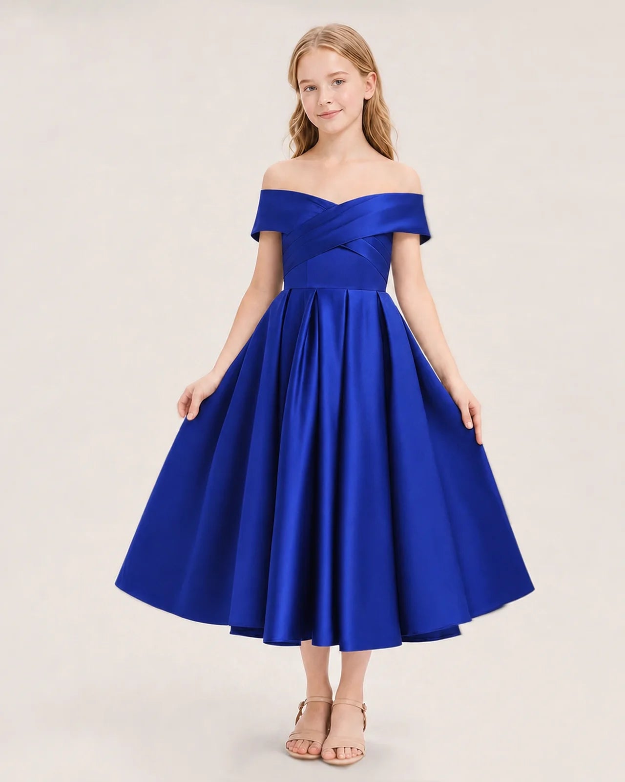 Dideyttawl Off the Shoulder Satin Girl Formal Dress with Lace-Up