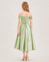 Sage Green Satin Off-Shoulder A-Line Girls Formal Dresses Back View