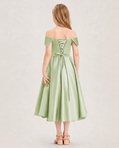Dideyttawl Off the Shoulder Satin Girl Formal Dress with Lace-Up