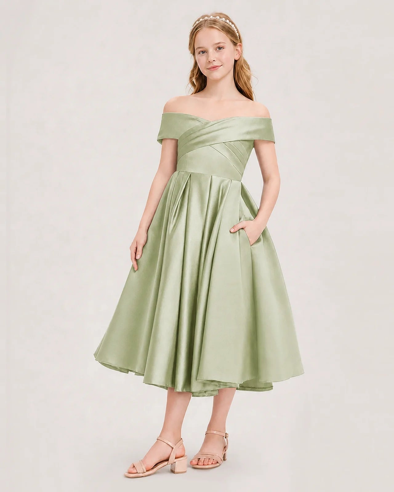 Dideyttawl Off the Shoulder Satin Girl Formal Dress with Lace-Up