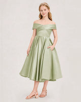 Sage Green Satin Off-the-shoulder A-Line Girls Formal Dresses Front View