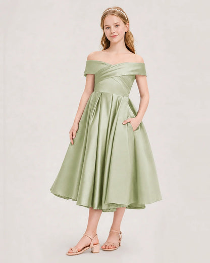 Dideyttawl Off the Shoulder Satin Girl Formal Dress with Lace-Up