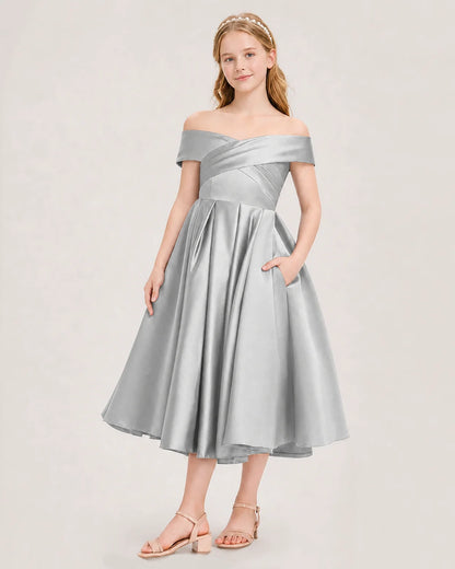 Dideyttawl Off the Shoulder Satin Girl Formal Dress with Lace-Up