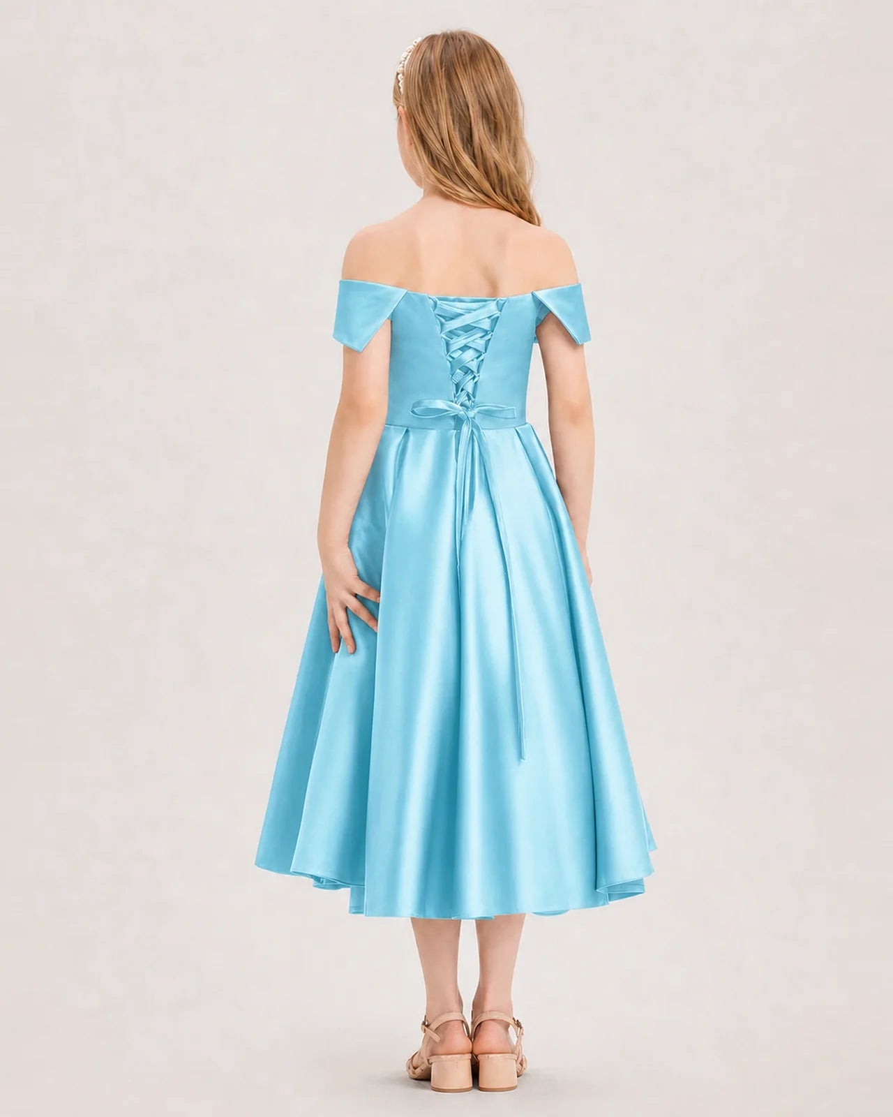 Dideyttawl Off the Shoulder Satin Girl Formal Dress with Lace-Up