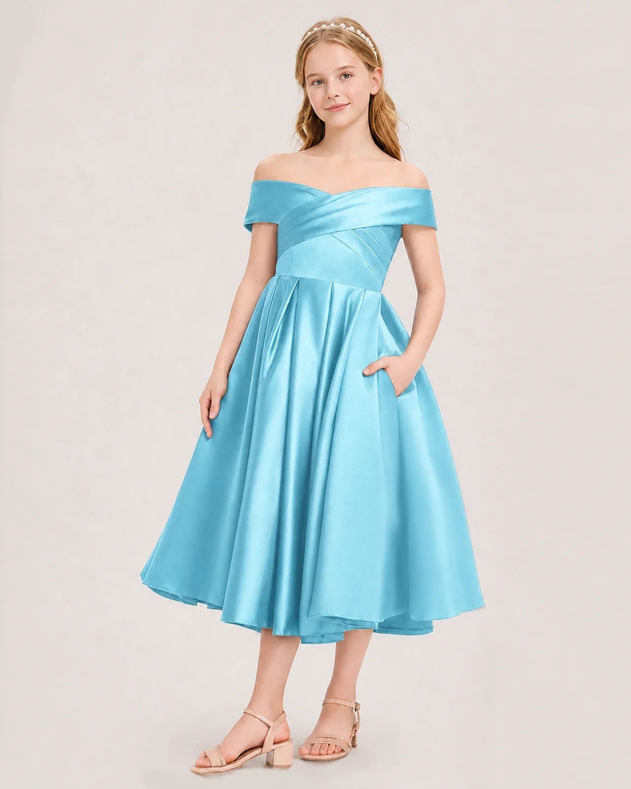 Dideyttawl Off the Shoulder Satin Girl Formal Dress with Lace-Up
