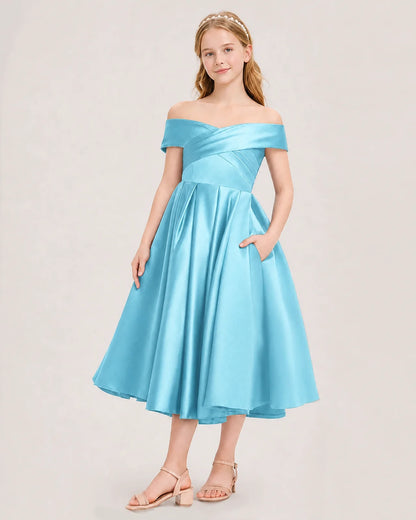 Dideyttawl Off the Shoulder Satin Girl Formal Dress with Lace-Up