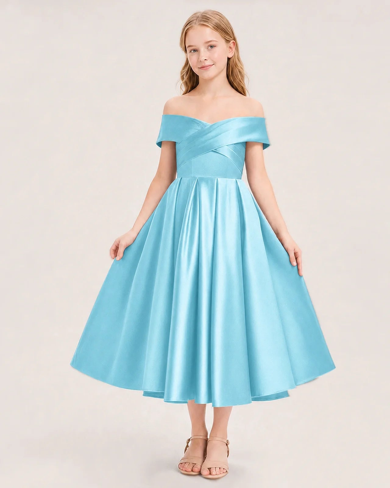 Dideyttawl Off the Shoulder Satin Girl Formal Dress with Lace-Up