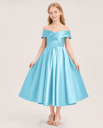 Dideyttawl Off the Shoulder Satin Girl Formal Dress with Lace-Up