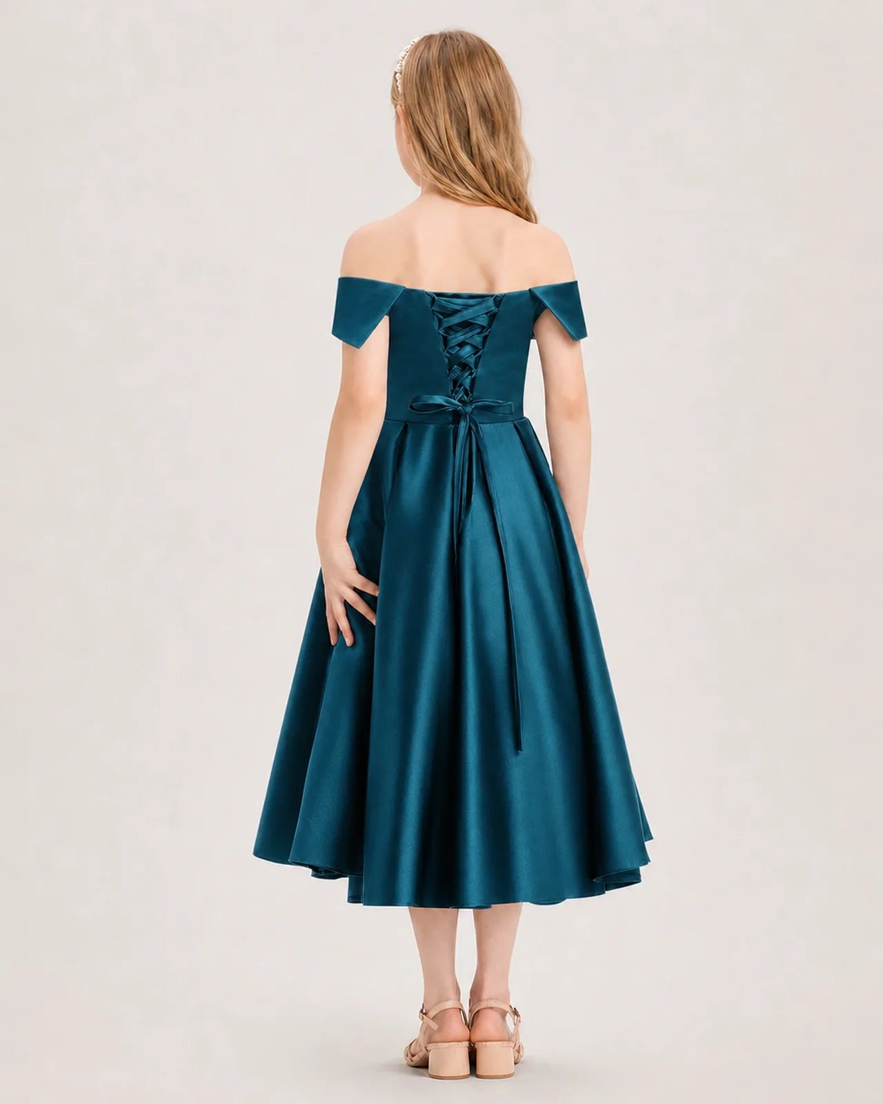 Dideyttawl Off the Shoulder Satin Girl Formal Dress with Lace-Up
