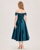 Teal Satin Off-the-Shoulder Girls Formal Dresses Back View