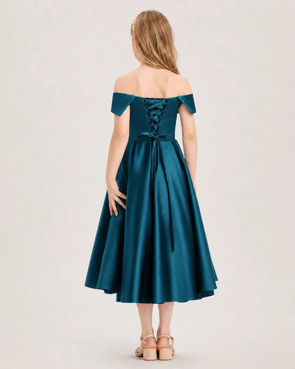 Dideyttawl Off the Shoulder Satin Girl Formal Dress with Lace-Up