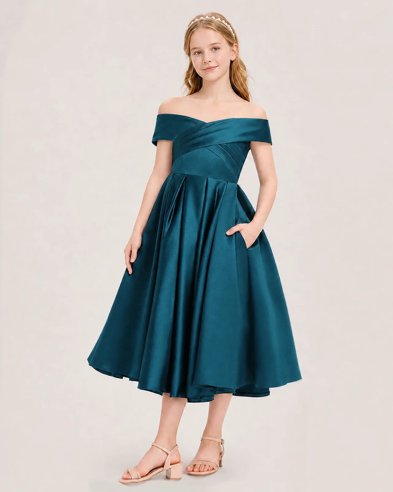 Dideyttawl Off the Shoulder Satin Girl Formal Dress with Lace-Up
