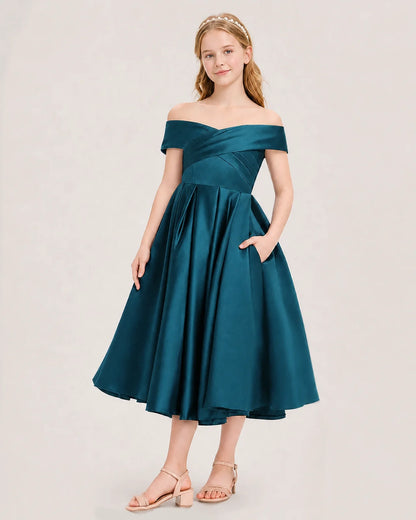 Dideyttawl Off the Shoulder Satin Girl Formal Dress with Lace-Up