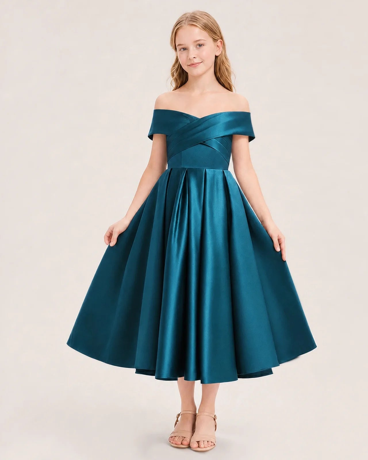 Dideyttawl Off the Shoulder Satin Girl Formal Dress with Lace-Up