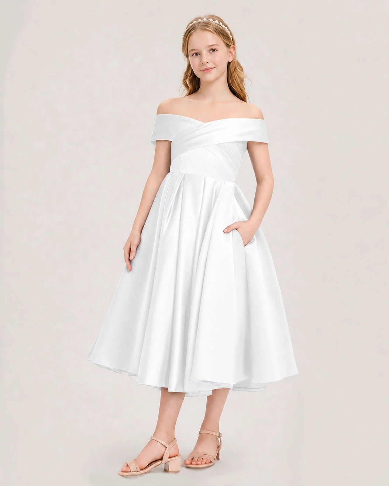 Dideyttawl Off the Shoulder Satin Girl Formal Dress with Lace-Up
