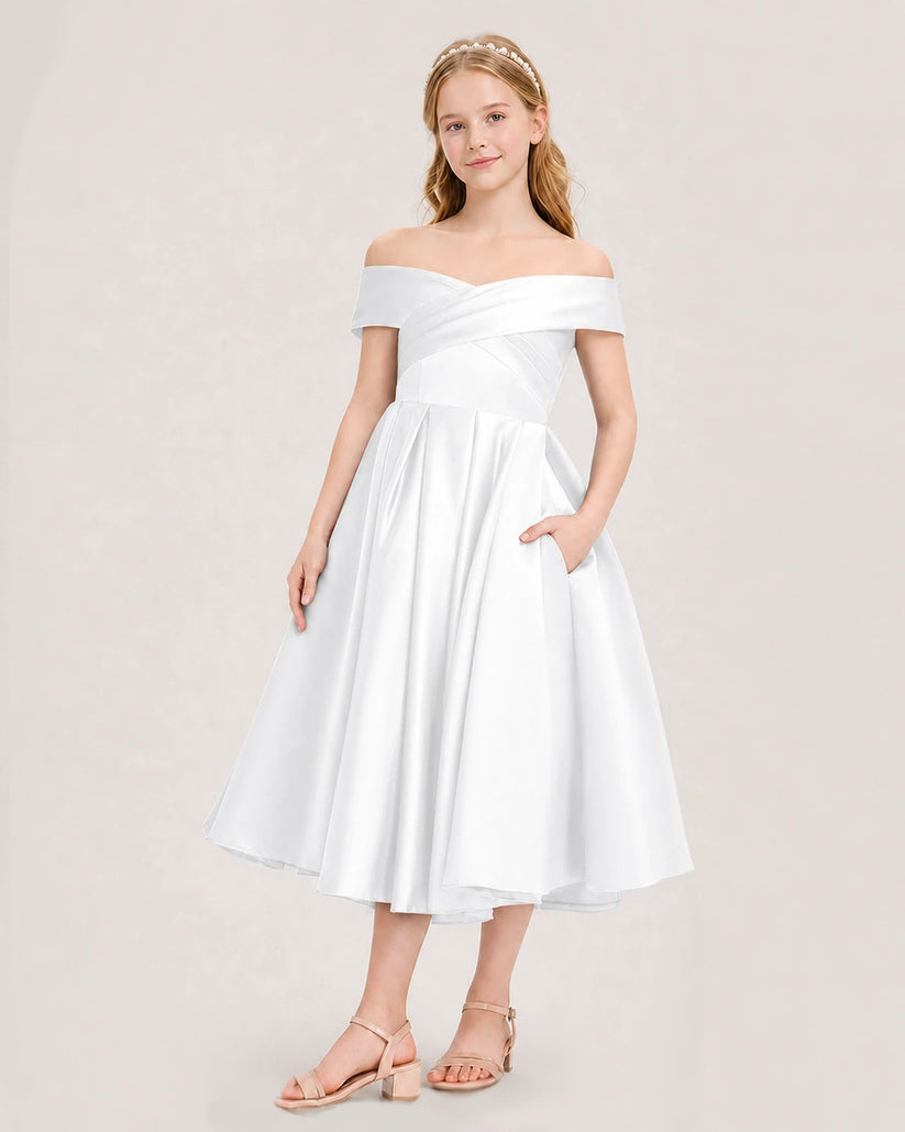 White Satin Off-The-Shoulder Pleated Girls Formal Dresses Front View