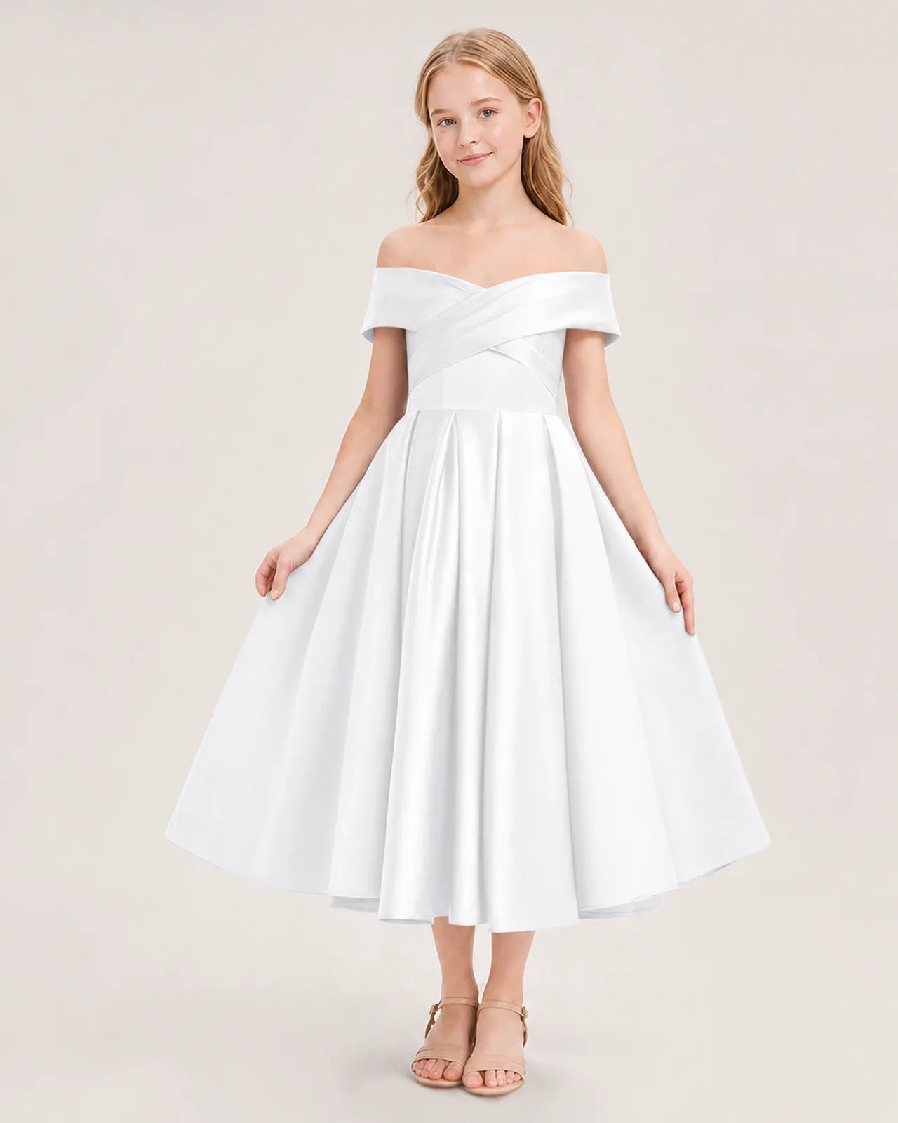 Dideyttawl Off the Shoulder Satin Girl Formal Dress with Lace-Up