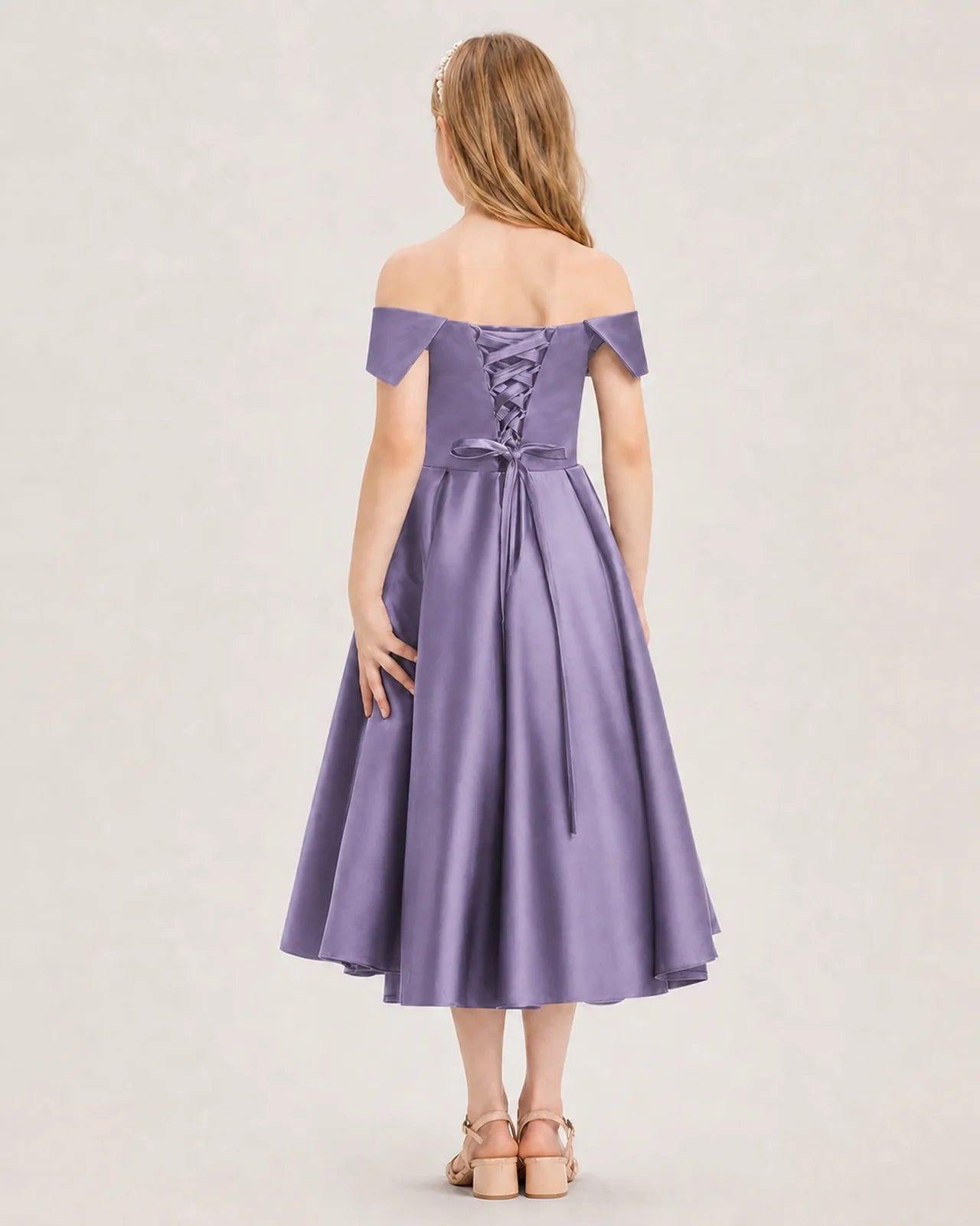 Dideyttawl Off the Shoulder Satin Girl Formal Dress with Lace-Up