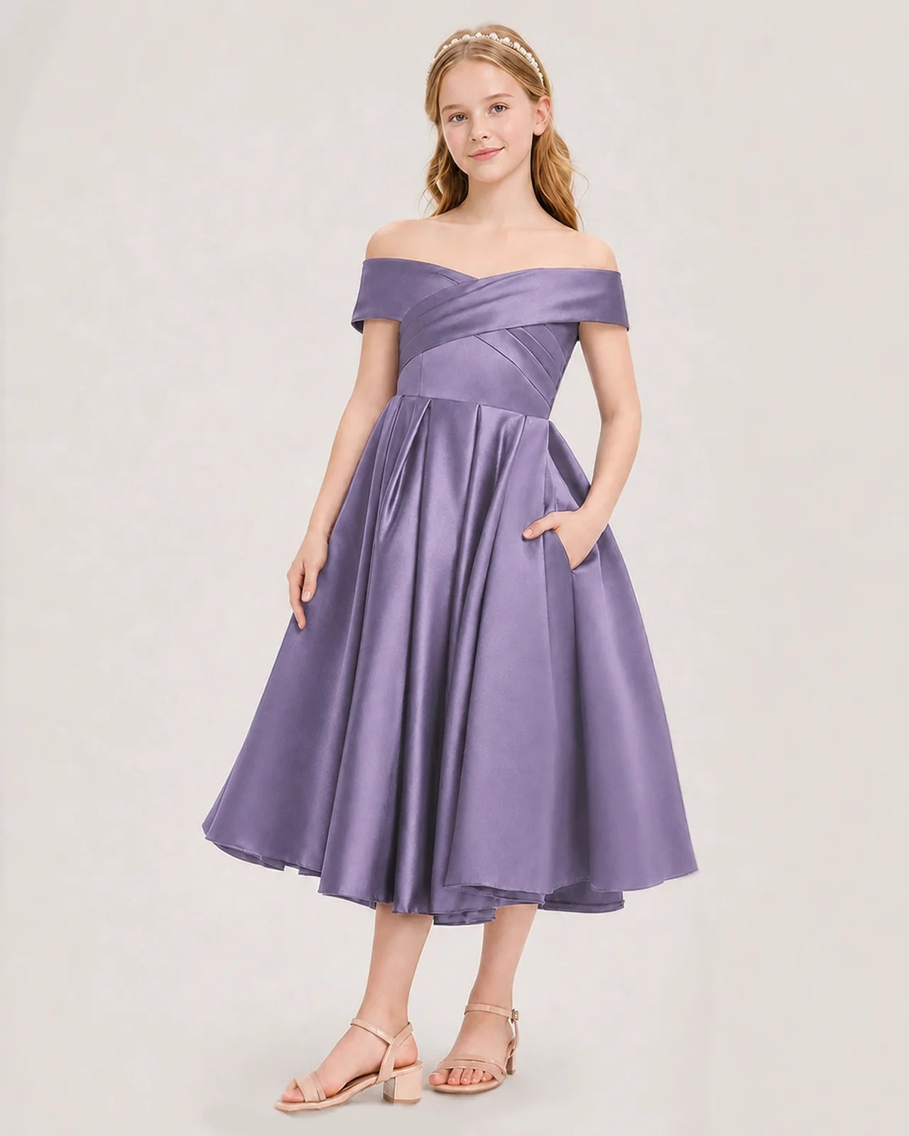 Dideyttawl Off the Shoulder Satin Girl Formal Dress with Lace-Up