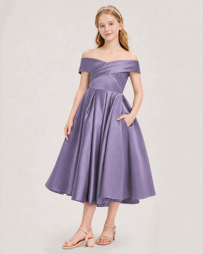 Dideyttawl Off the Shoulder Satin Girl Formal Dress with Lace-Up