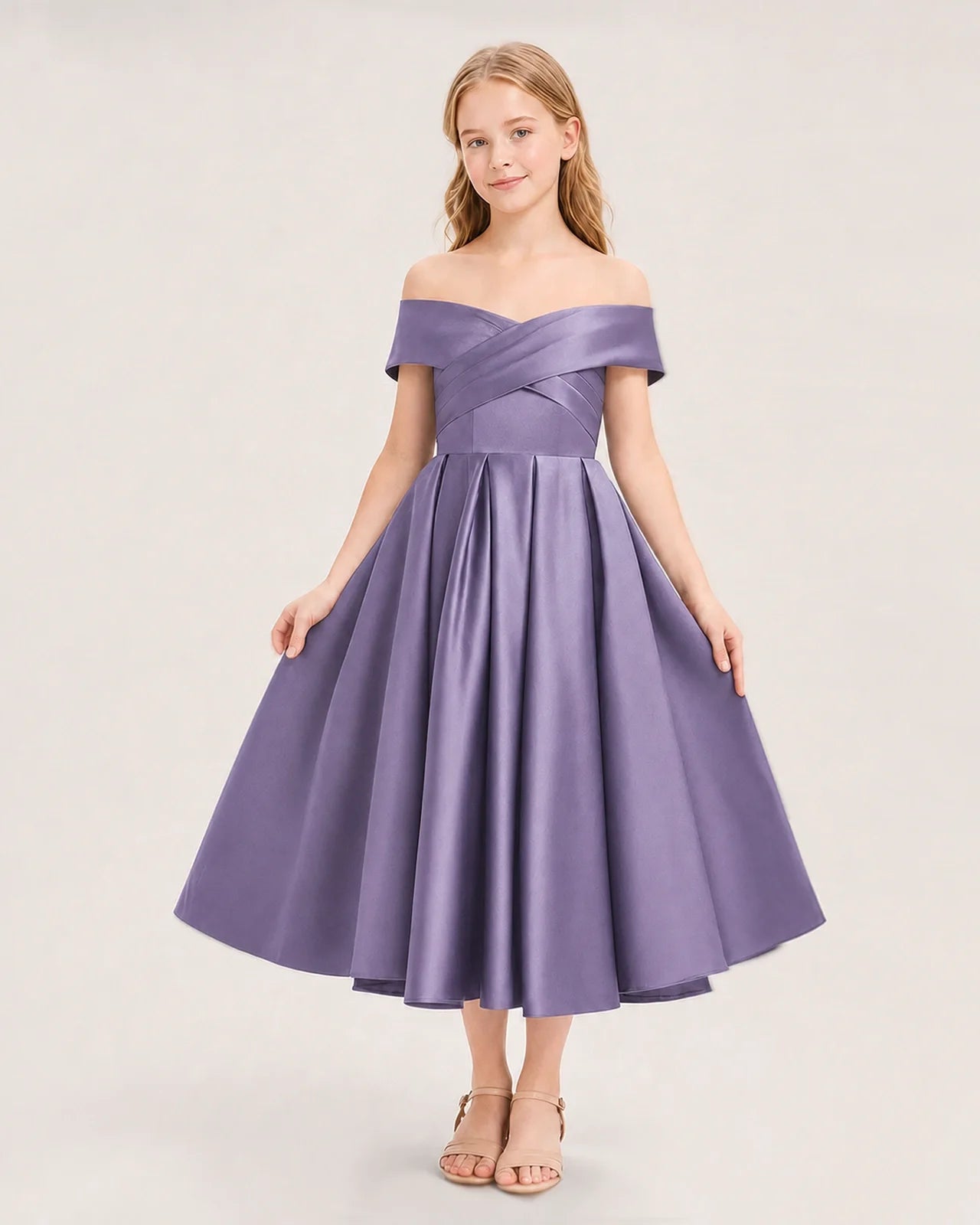 Dideyttawl Off the Shoulder Satin Girl Formal Dress with Lace-Up