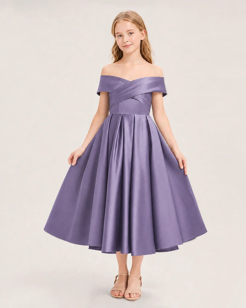 Wisteria Satin Off-the-Shoulder A-Line Girls Formal Dresses Front View
